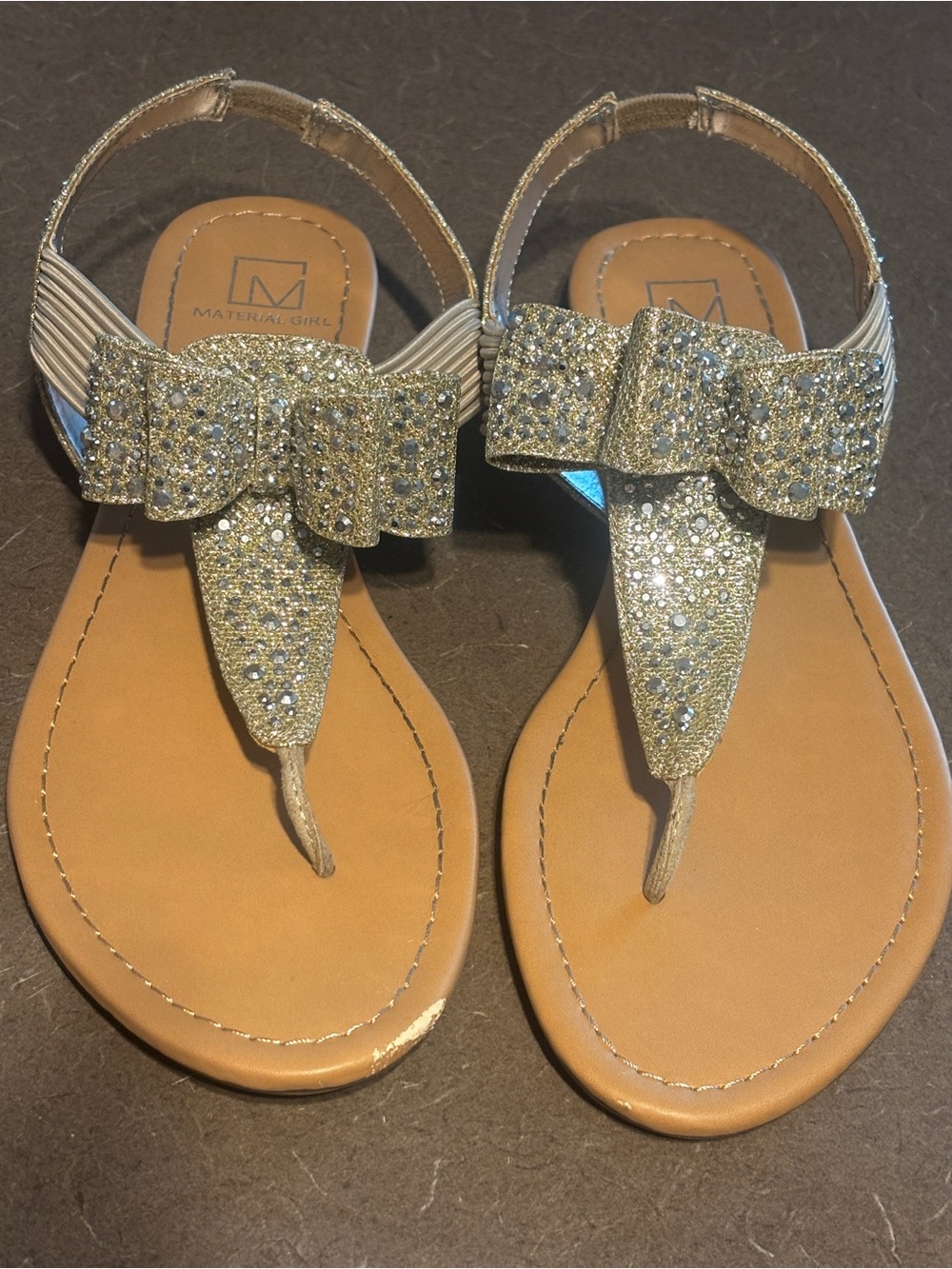 Material Girl Gold Rhinestone Bow Slingback Sandals